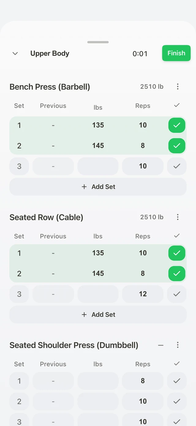 FLEX tracking an upper-body workout with completed bench press and seated row sets